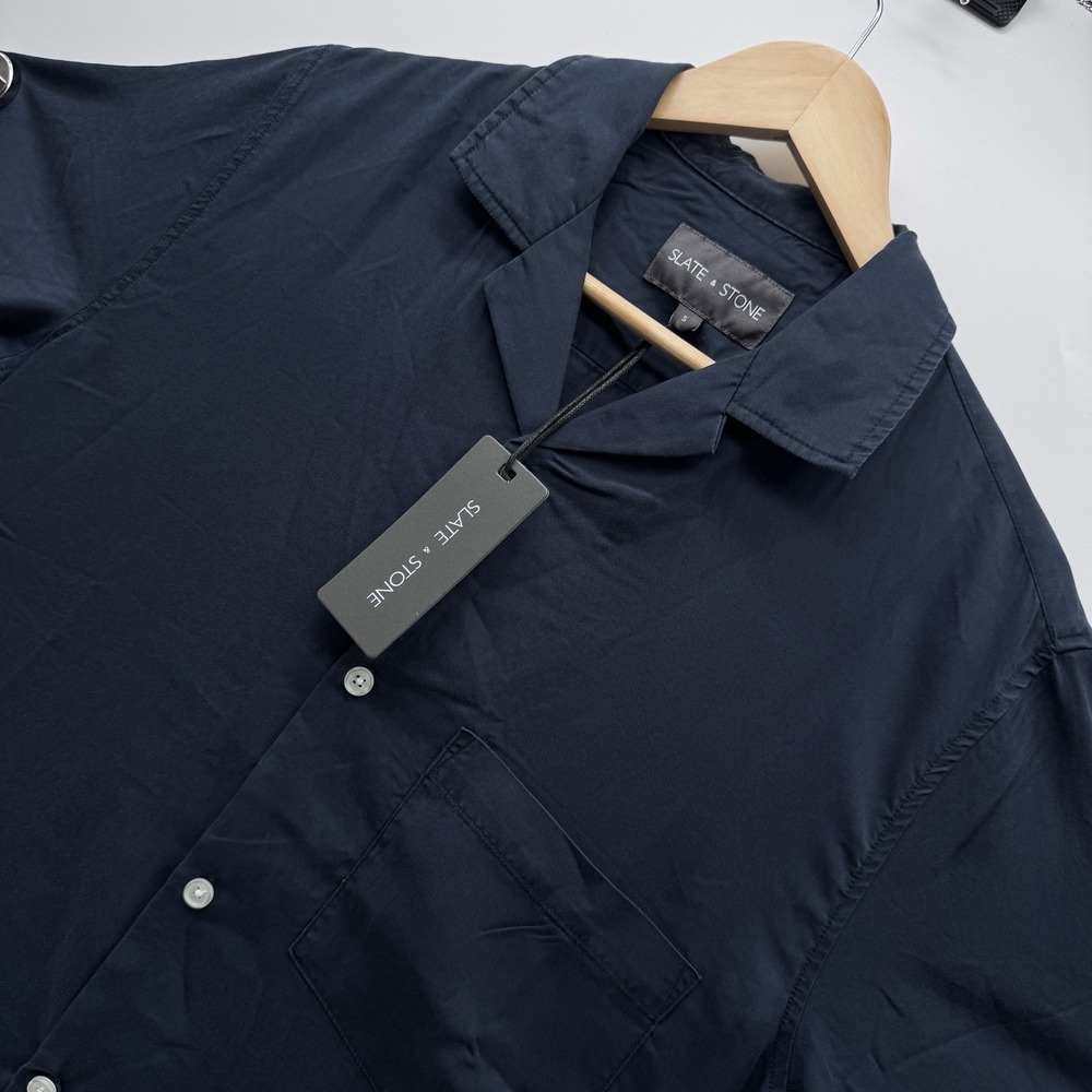 Slate & Stone Men's Small Navy Blue Washable Washed Tencel Camp Collar Shirt